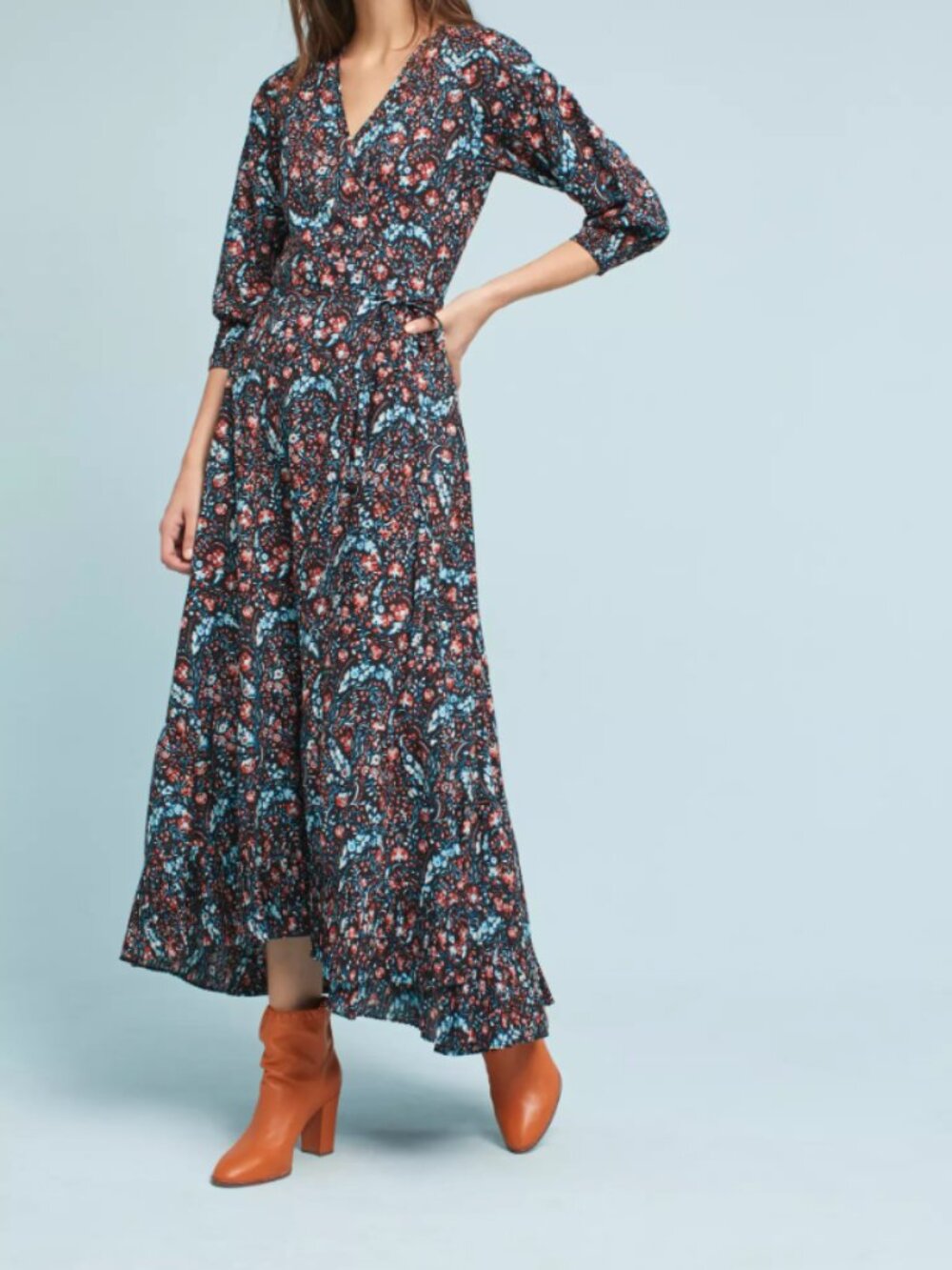 Anthropologie FLANNEL Toulon Wrap Floral Paisley Maxi Dress Boho Prairie Size XS